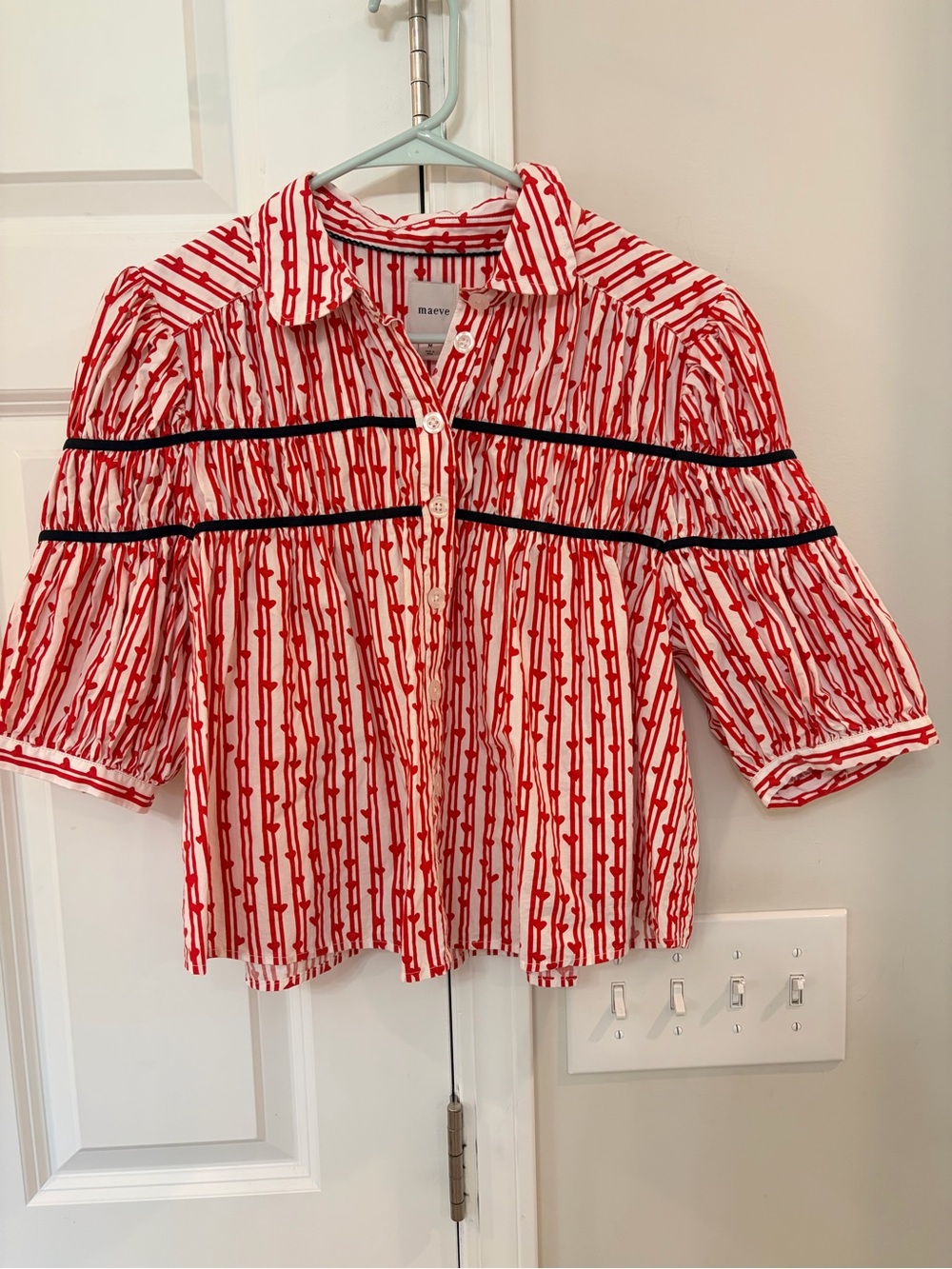 Maeve Red and White Striped Button-Front Blouse with Black Trim
